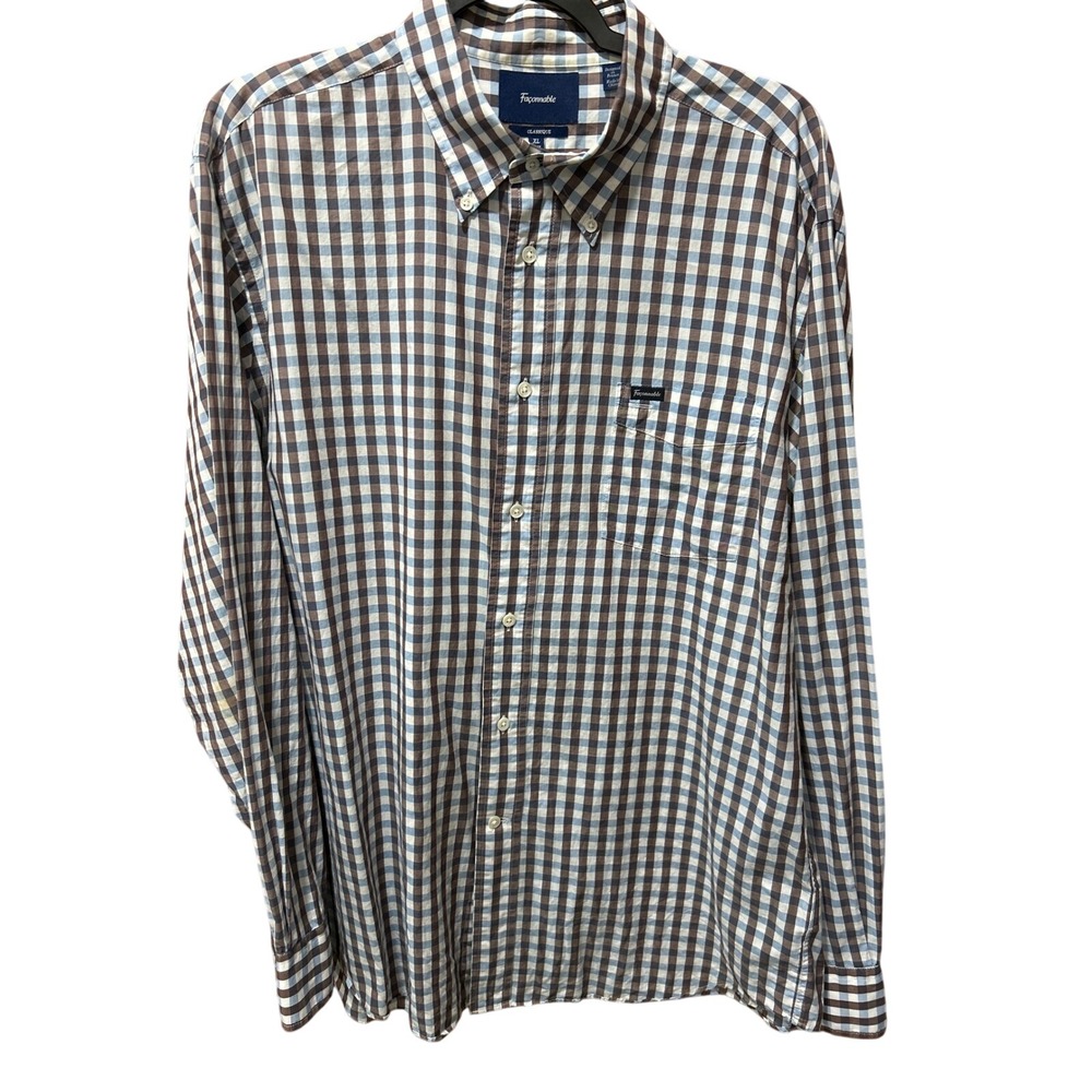 Faconnable Mens Classique XL Tall Gingham Button Down‎ Shirt Brown Blue White